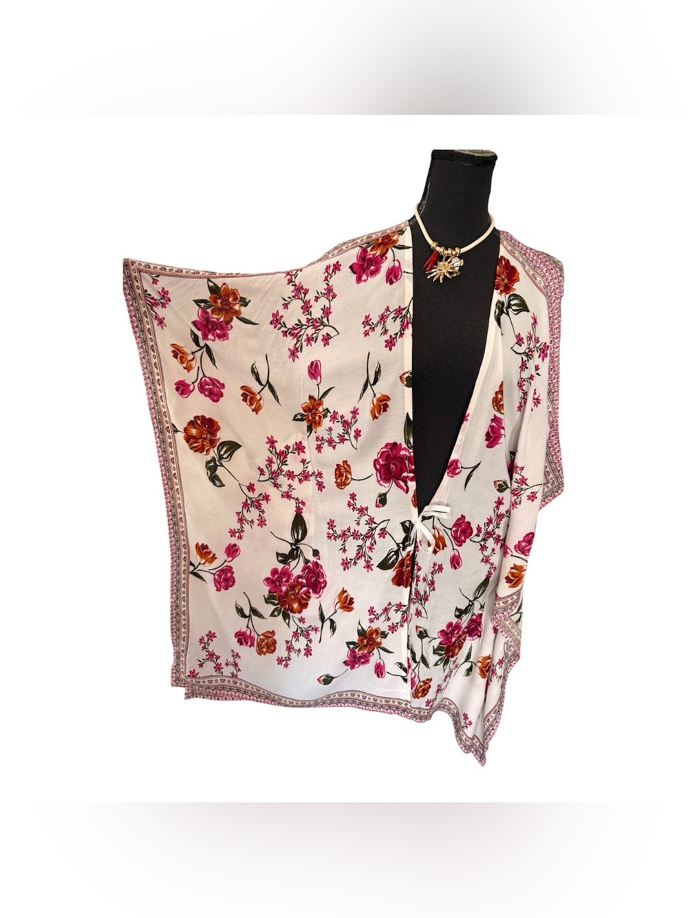 Japna Floral Boho Kimono Cardigan in White with Red & Orange Flowers - Picture 5 of 6
